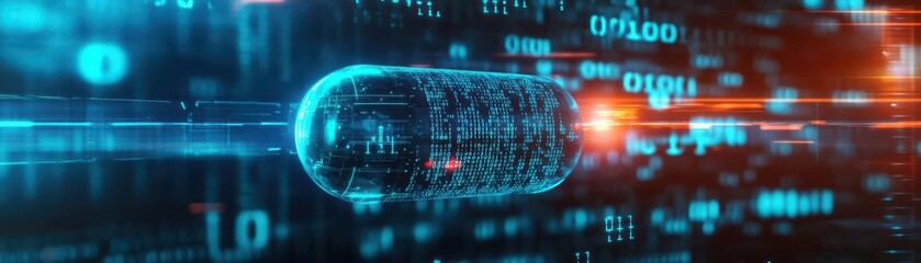 Poster - AI capsule, surrounded by floating binary code, dark scifi environment
