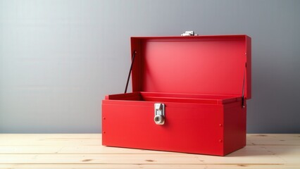 Open red toolbox with a smooth metal finish, designed for storing tools and hardware