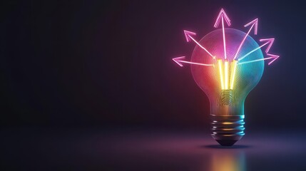Poster - 3D glowing lightbulb in multicolored gradients, arrows pointing from multiple directions, holographic effect, glossy finish, digital art style
