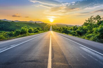 Wall Mural - Asphalt Country Road. Beautiful Sun Rising Sky Over Rural Highway