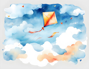 Sticker - Watercolor kite blue sky and white clouds creative background