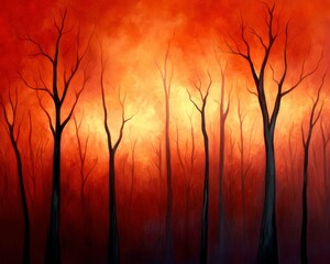 Poster - A dramatic scene of bare trees silhouetted against a fiery orange sky, evoking a sense of desolation and beauty in a forest landscape.