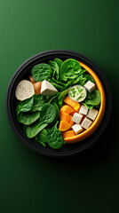 vibrant protein packed food bowl featuring fresh spinach, tofu, and orange segments, perfect for healthy meal. Enjoy colorful and nutritious ingredients!