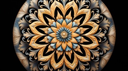 Poster - Elegant mandala design with thin outlines on black background featuring gold and silver symmetry