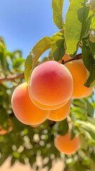 Poster - Juicy ripe peaches with a hint of blush are clustered on branches, illuminated by sunlight in a vibrant summer garden