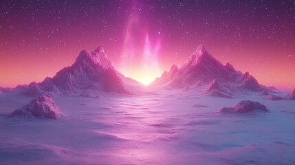 Wall Mural - As the aurora borealis dances beneath the stars above it, it appears as a majestic mountain range shrouded in snow.