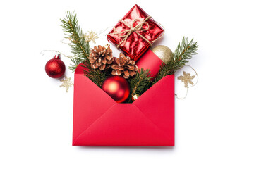 Poster - A bright red envelope contains holiday ornaments, pinecones, and wrapped gifts, embodying the joy of the Christmas season