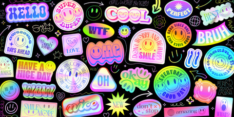 Aufkleber - Cool Y2k Holograph Stickers Collage Pattern. Pop Art Futuristic Pop Art Patches Vector Design.