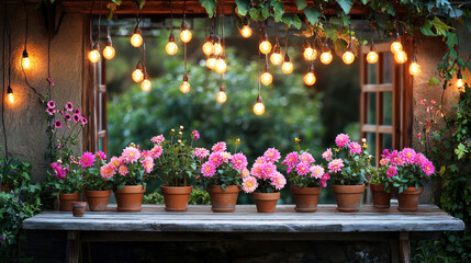 Poster - Vibrant flowers in terracotta pots are lit by warm string lights, creating a welcoming atmosphere in a garden at dusk