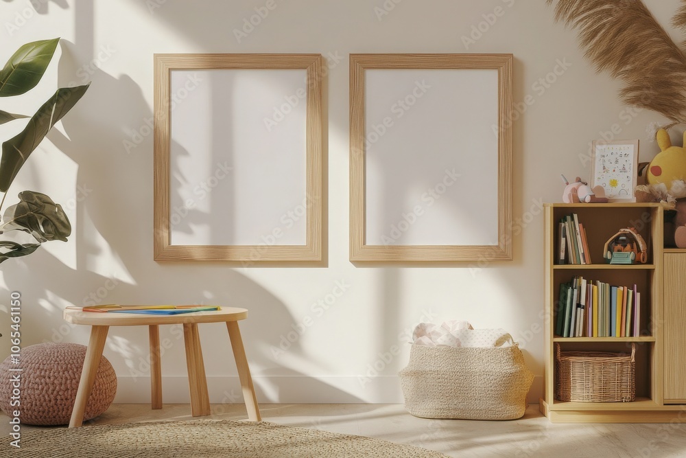 The warm, sunlit space showcases two aligned empty rectangular oak frames mounted on a light wall. A small table, plant, and bookshelf enhance the inviting atmosphere.