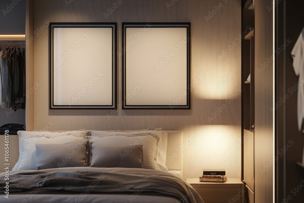 Two aligned empty square black frames are displayed on the wall above a cozy bed in a modern bedroom. Soft lighting enhances the warm atmosphere of the room during the evening.