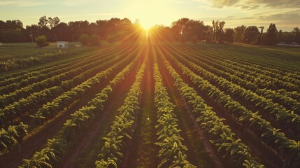 A peaceful evening on a hop farm with the sun setting behind the fields and casting long shadows