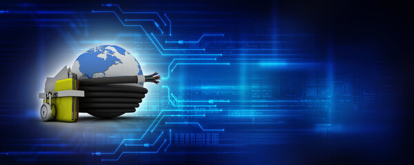 Poster - 3d rendering Fiber optical cable detail connected globe around folder lock
