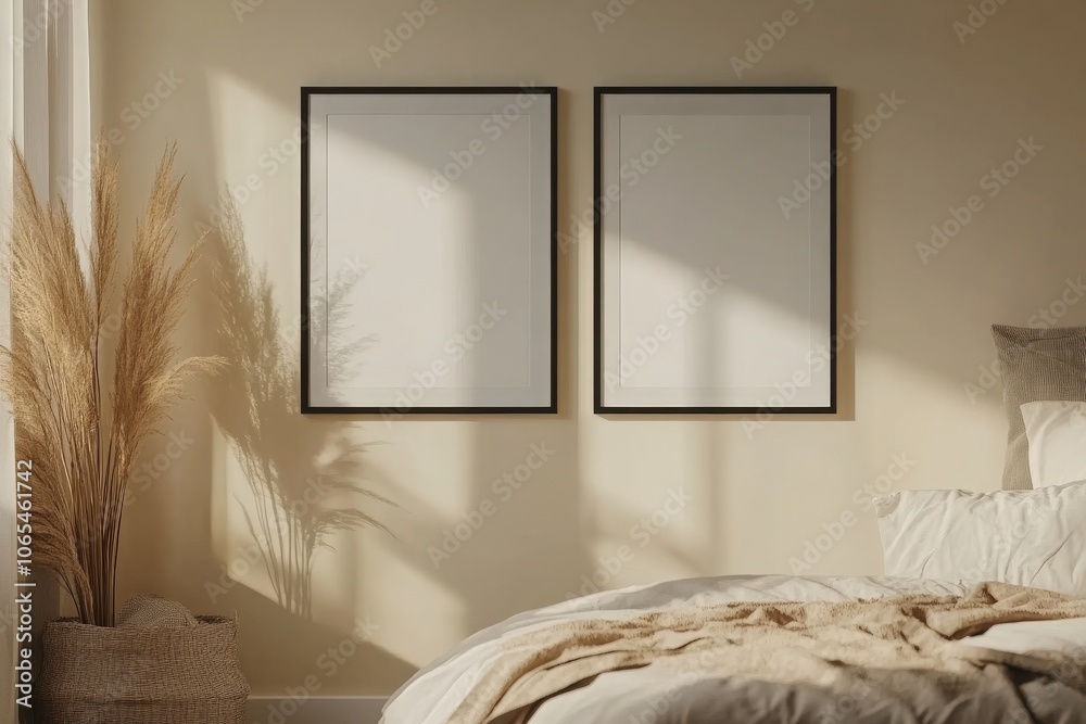 Two black square frames hang side by side on a light cream wall in a cozy bedroom. Sunlight filters in, creating soft shadows on the wall. A textured bedding adds warmth to the space.