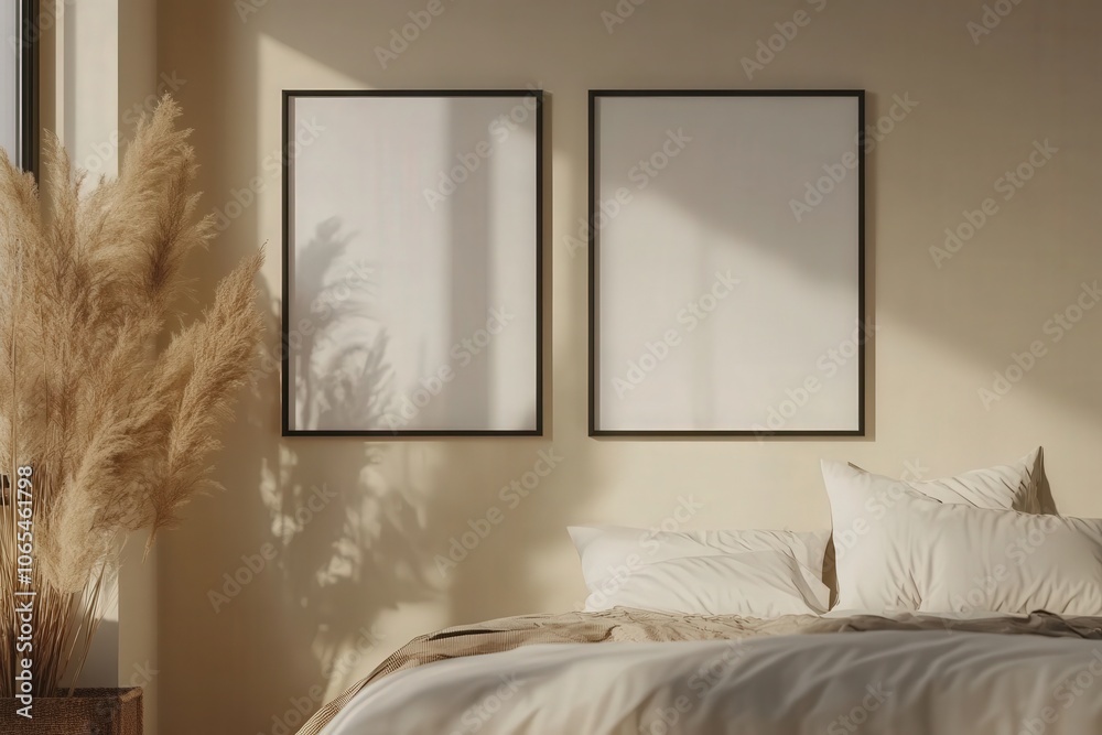 Two empty square black frames hang side by side on a light wall in a tranquil bedroom. A bed with soft linens is in the foreground, creating a peaceful atmosphere.