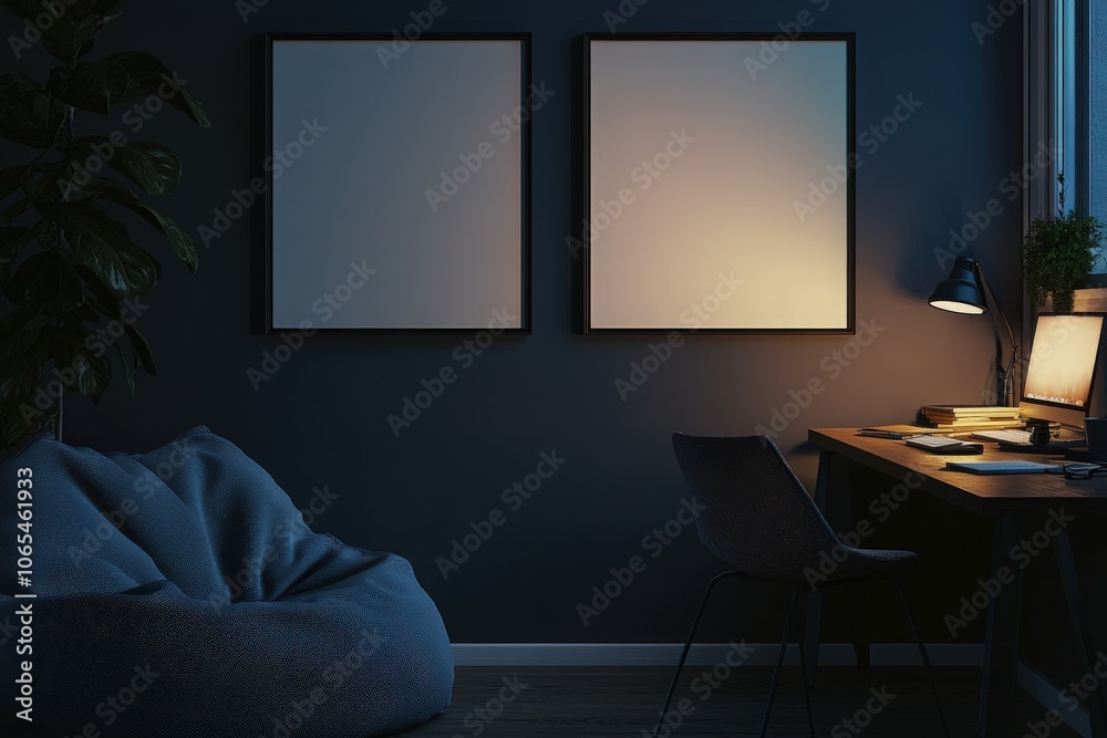 In a dimly lit workspace, two empty black frames are mounted side by side on a wall. A desk is illuminated by warm light, creating a cozy atmosphere, complemented by a bean bag and a potted plant.