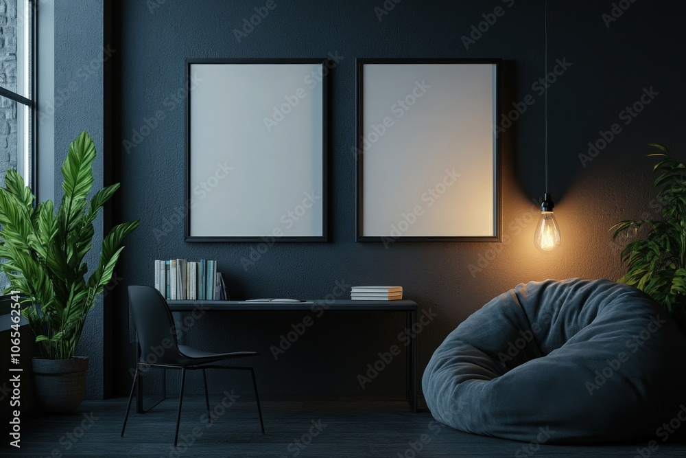 In a stylish room adorned with a dark wall, two empty black frames are aligned side-by-side. A hanging light bulb provides soft illumination, complementing the contemporary furniture and greenery.