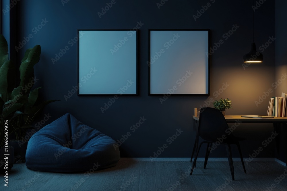 In a tranquil room, two empty square black frames are positioned side by side on a dark wall. Soft lighting from a desk lamp illuminates a workspace with books.