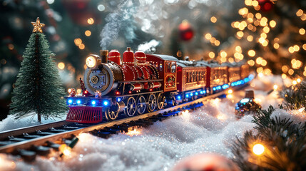 Poster - A charming toy train rides through a winter wonderland filled with snow, colorful lights, and a miniature Christmas tree nearby