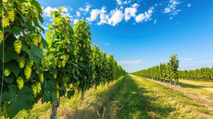 A peaceful scene of a hop farm with a wooden barn and rows of green vines stretching out