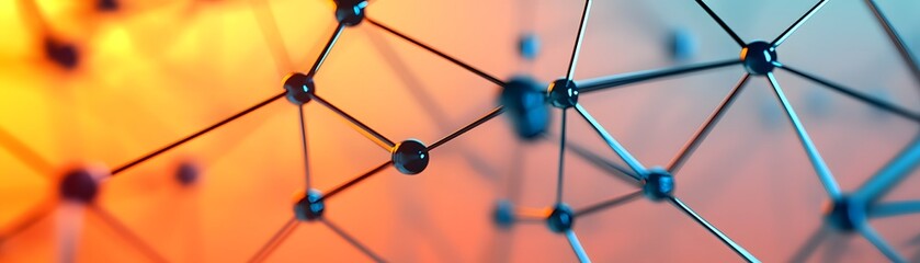 Poster - Abstract Geometric Structure with Blue Spheres and Interconnected Lines Against a Gradient Orange and Blue Background