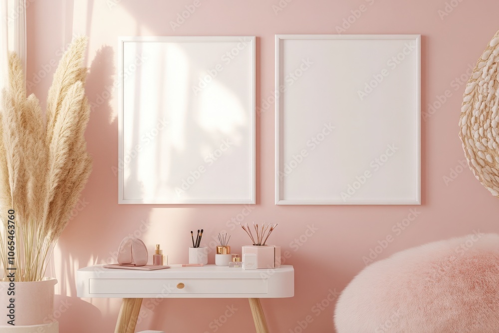 Two white square frames are positioned side by side on a soft pink wall, enhancing a stylish and minimalist workspace. A desk adorned with decorative items complements the overall aesthetic.
