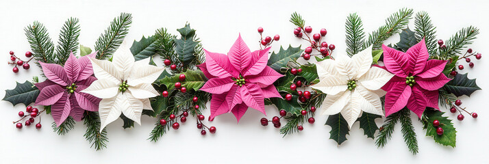 Poster - Brightly colored poinsettias in pink and white are beautifully arranged with holly and evergreen foliage for seasonal decoration