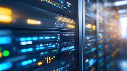 Poster - a modern data center filled with rack servers and blue led lights