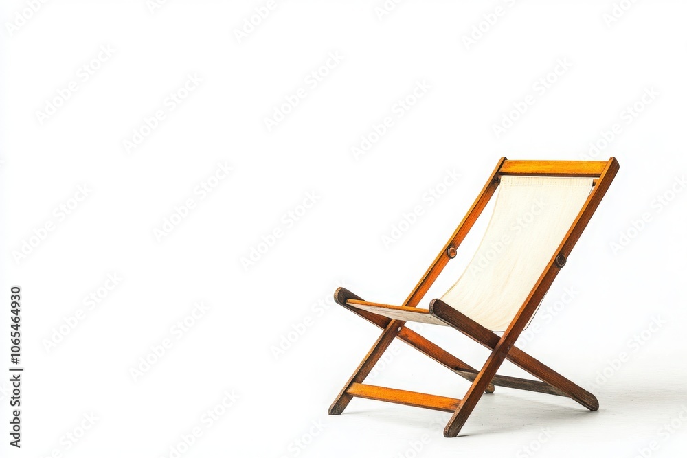 A simple wooden deck chair stands alone against a bright white backdrop, inviting relaxation and comfort. Ideal for outdoor settings or casual lounging during sunny days.