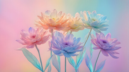 Wall Mural - Floral fantasy holographic flowers blooming in a rainbow gradient against a soft pastel backdrop, Ai Generated