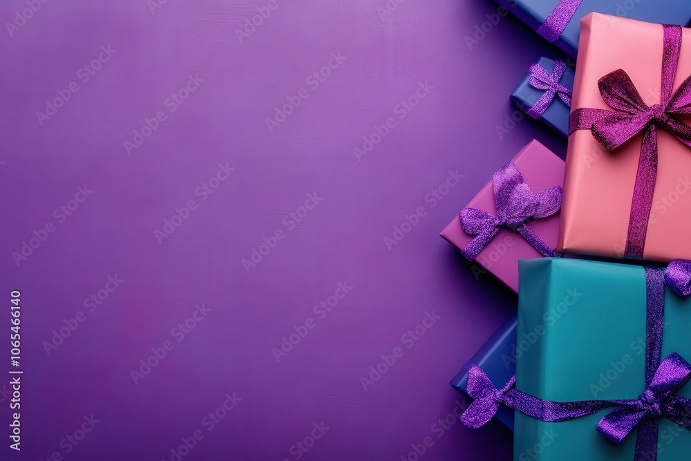 A collection of beautifully wrapped presents in various colors rests on a rich purple backdrop, ready for gift-giving or holiday celebrations. The shiny bows add a touch of elegance and excitement.