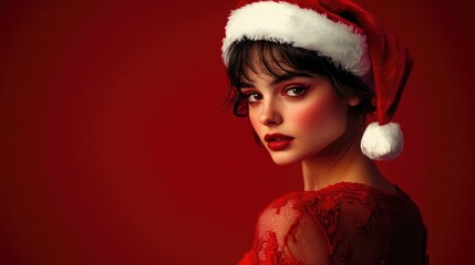 Wall Mural - Close-up of sexy girl in lace lingerie and Santa hat on red background, spending New Year's Eve and Christmas in 2025