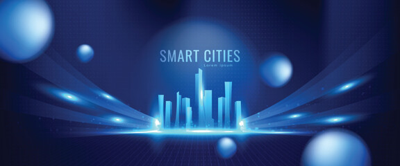 Leinwandbilder - Smart city on blue background. Smart city low poly wireframe on blue background. Technology concept. Vector illustration.