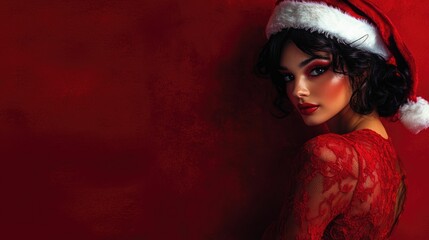 Wall Mural - Close-up of sexy girl in lace lingerie and Santa hat on red background, spending New Year's Eve and Christmas in 2025