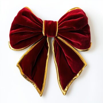 A classic red velvet bow with gold trim, with detailed folds and texture, arranged to look