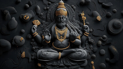 Intricate sculpture of a meditating deity with multiple arms, adorned with ornate golden jewelry, set against a textured dark background with abstract patterns and swirling forms.