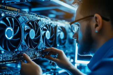 Poster - A technician adjusts a computer's hardware in a dimly lit space buzzed with cooling fans