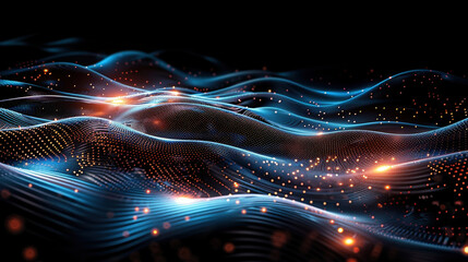 Poster - Dynamic abstract waves with glowing particles create mesmerizing tech inspired background, perfect for flyers and digital designs. interplay of light and movement evokes sense of innovation and