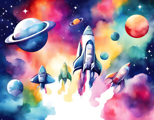 Canvas Print - Colorful background creative watercolor spaceship group background