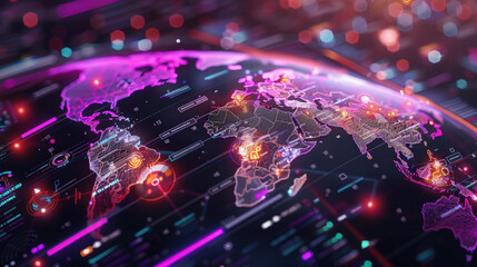 Aufkleber - Digital world map with data visualization and network connections, showcasing global technology and communication trends. vibrant colors and intricate details evoke sense of innovation and