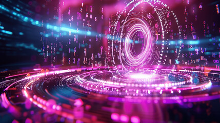 Poster - Digital data stream with floating numbers creates mesmerizing visual effect, showcasing vibrant colors and dynamic patterns. This captivating scene evokes sense of technology and innovation