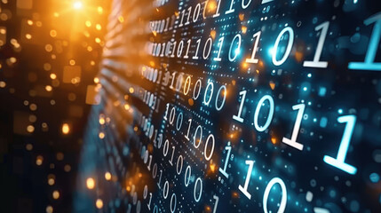 Aufkleber - Digital binary code streams create mesmerizing visual effect, showcasing blend of blue and gold hues against dark background. This evokes sense of technology and innovation