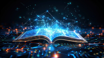 Aufkleber - glowing open book with digital connections and data visualizations emerging from its pages, symbolizing knowledge and technology. vibrant blue and orange lights create futuristic atmosphere