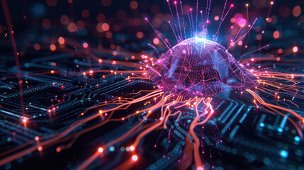 Poster - vibrant digital landscape featuring glowing, abstract structure surrounded by intricate circuitry and colorful light trails. This evokes sense of advanced technology and innovation