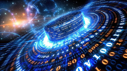 Aufkleber - Digital binary code swirls in vibrant blue vortex, symbolizing advanced technology and data flow. cosmic background enhances futuristic feel of this captivating scene