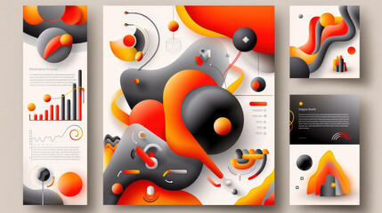 Poster - Dynamic abstract design featuring vibrant shapes and colors, including red, black, and orange. This modern composition showcases graphs and text elements, perfect for high tech presentations