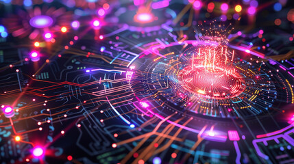 Poster - Digital technology and vibrant circuits create mesmerizing visual of interconnected data. This abstract representation showcases futuristic network with glowing elements and intricate patterns