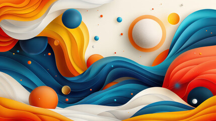 Poster - Vibrant abstract design featuring flowing waves in orange, blue, and white, with spherical elements creating dynamic composition. This artwork evokes sense of movement and energy