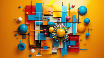 Aufkleber - Vibrant abstract composition featuring geometric shapes, colorful spheres, and dynamic lines against bright orange background, evoking creativity and energy