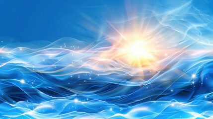 Poster - Bright sunlight shines over soft blue waves, creating serene and tranquil atmosphere. gentle movement of water evokes sense of calm and peace